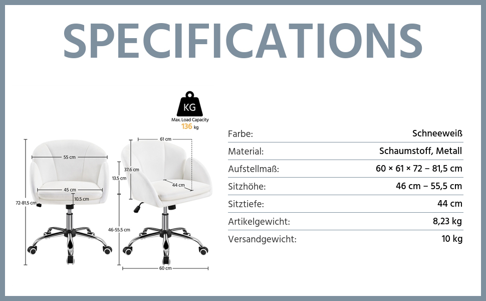 Крісло Yaheetech для дому та офісу: крісло для макіяжу, крісло для робочого столу, регульоване по висоті, поворотне, до 136 кг, з підлокітниками та спинкою, для спальні, офісу, вітальні, біле, велюрове
