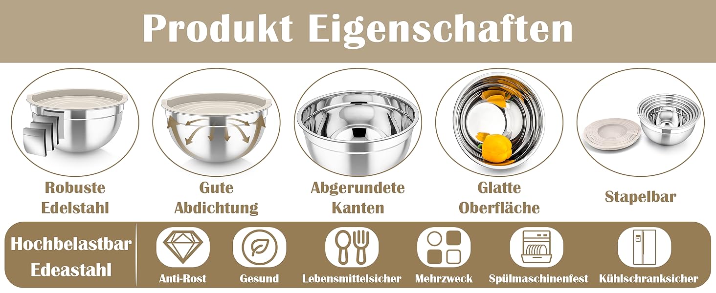 Набір салатниць TEAMFAR 6 шт. з нержавіючої сталі з кришками та силіконовими ніжками, 0,7L / 1,5L / 1,6L / 2,5L / 2,8L / 4,6L, багатофункціональний, для миття в посудомийній машині, з терками