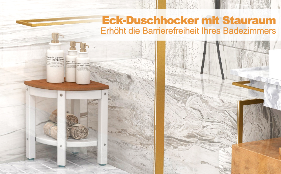 Лавка для душу Costway з поличкою, коричнево-біла, 32.5x32.5x43.5 см, до 165 кг