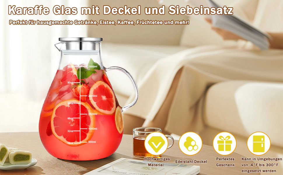 Скляна карафа з кришкою, 2500 мл, термостійке боросилікатне скло, з ситечком, для напоїв, чаю, кави, вина, молока, з щіткою для чищення