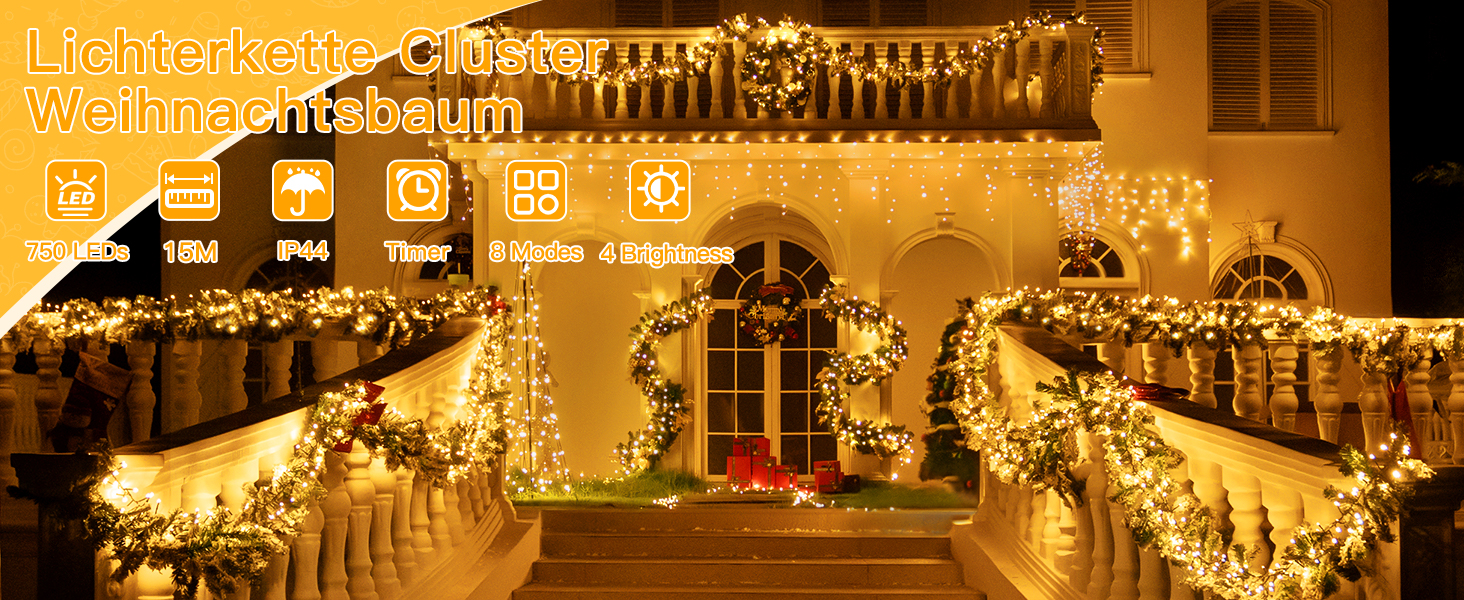 Світлодіодна гірлянда Cluster для вулиці 30м, 1500 LED, теплий білий колір, з пультом керування