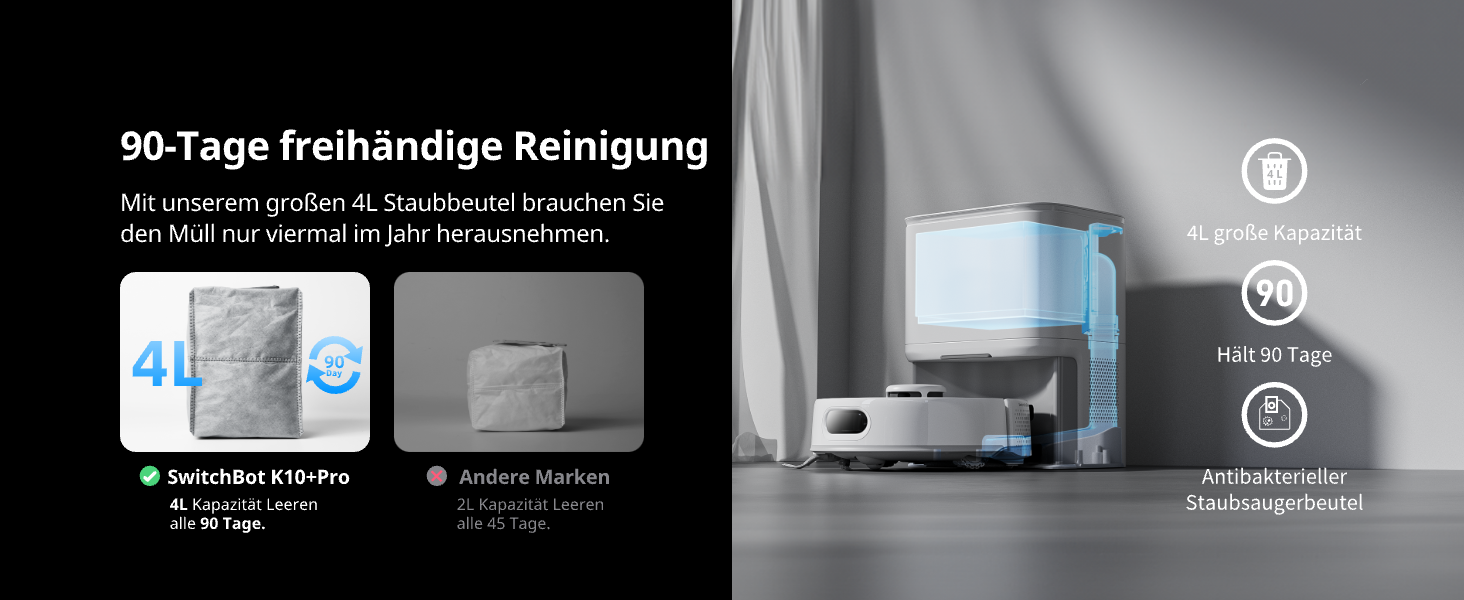 SwitchBot K10+ Pro Робот-пилосос з док-станцією для самостійного очищення, LiDAR-навігація, тиха робота 45dB, сумісний з Alexa