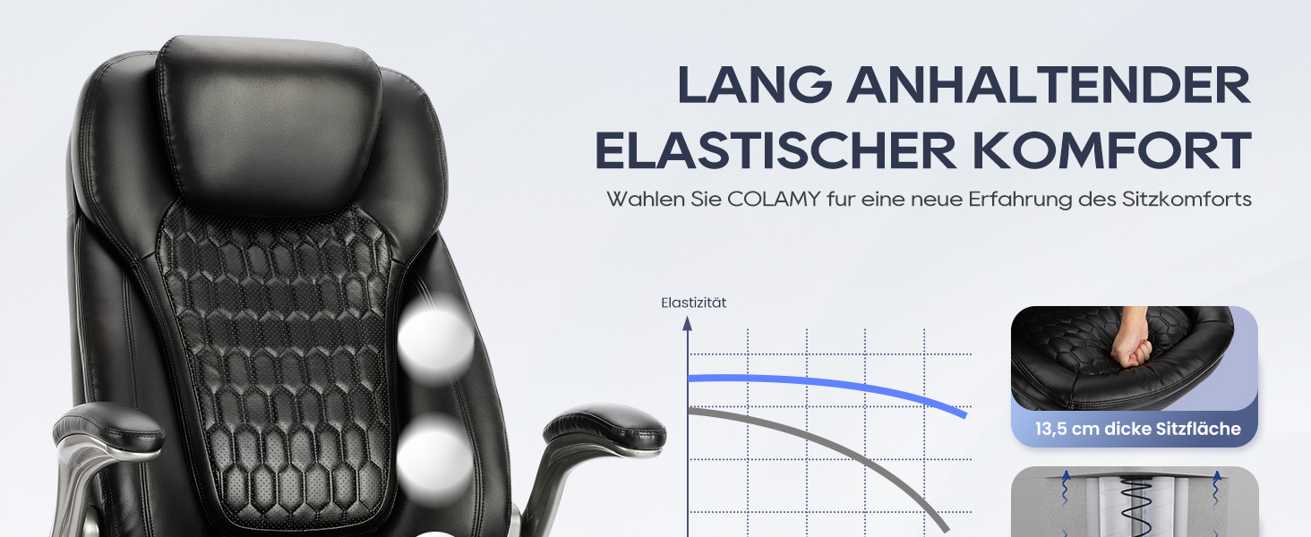 Крісло шеф COLAMY з дихаючої шкіри – ергономічне офісне крісло з пружинним блоком, відкидними підлокітниками та тихими роликами для дому та офісу, чорне