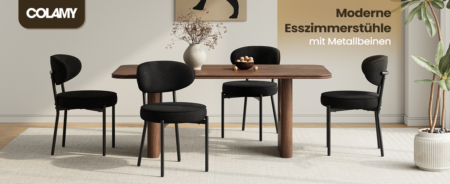 Обідні стільці COLAMY з м'яким сидінням 10 см – Сучасні стільці з плюшевої тканини Teddy, міцний металевий каркас, для кухні та вітальні, білий (чорний, набір 2 шт.)