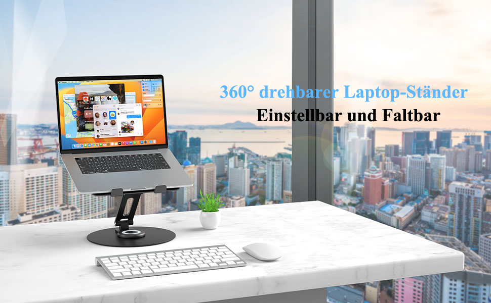 Підставка для ноутбука з поворотним основанням на 360°, регульована по висоті, ергономічна, з вентиляцією, складана, стабільна, з алюмінію для столу (чорна)