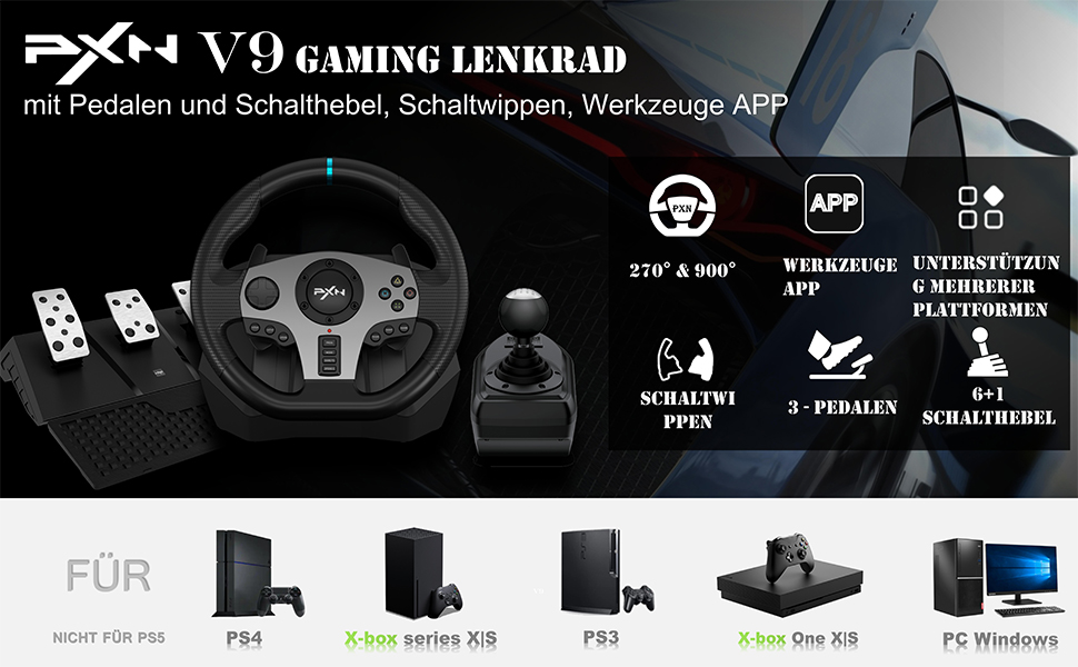 Ігровий кермо PXN V9 з педалями та перемикачем для ПК, Xbox, PS4/PS3 - 270/900°, вібрація, налаштування