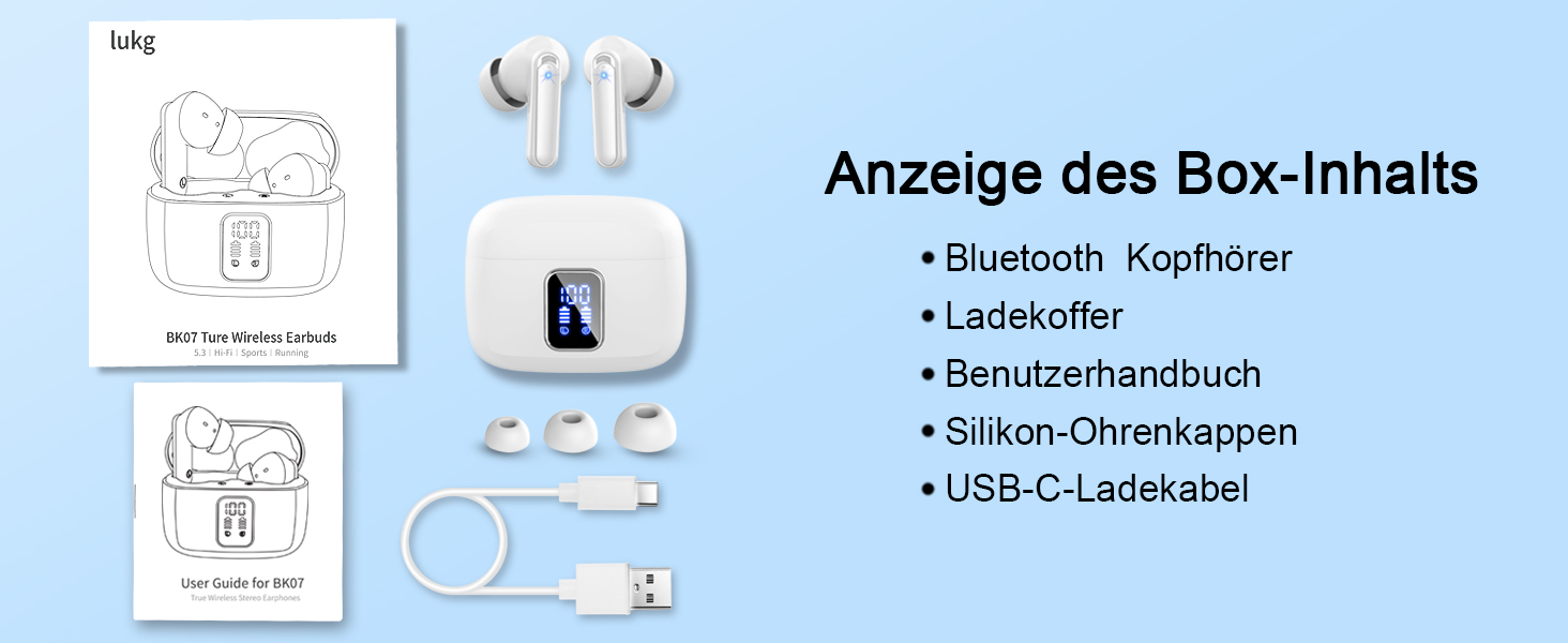 Навушники-вкладиші Bluetooth 5.3, 4 мікрофони ENC, 48 годин басів, водонепроникність IP7, світлодіодний дисплей (білий)