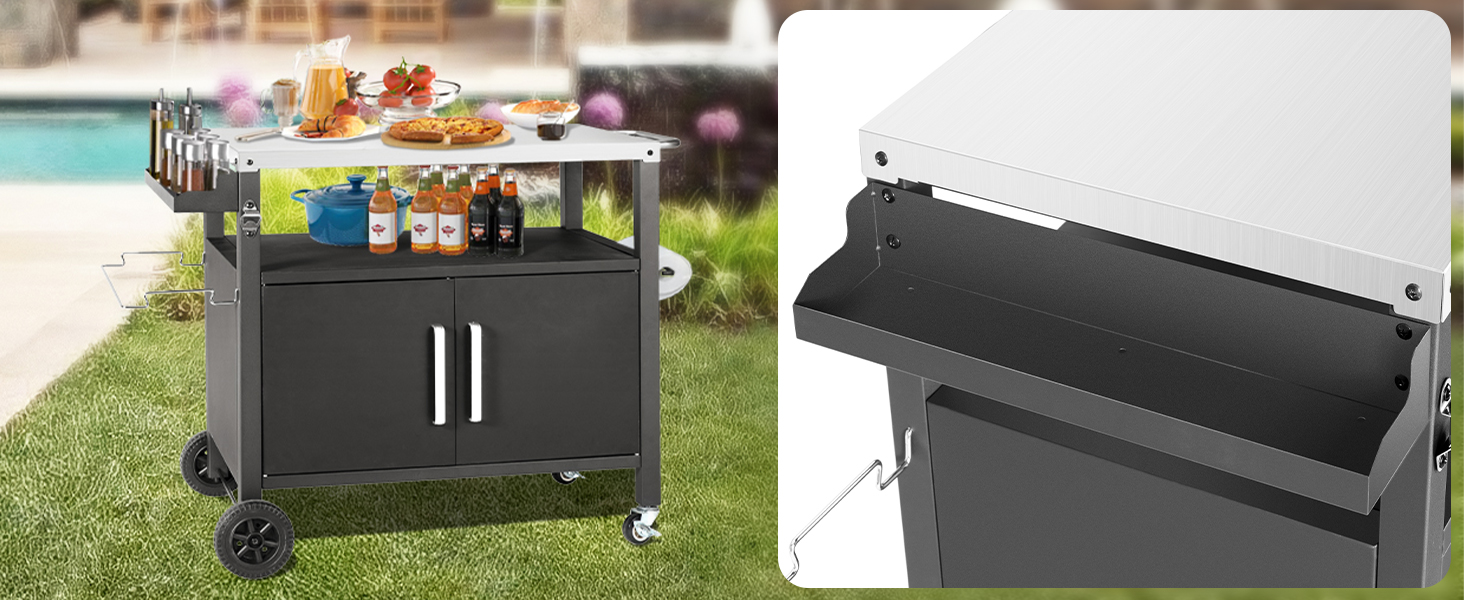 Набір для гриля з великою робочою поверхнею | Гриль-стіл, вуличний гриль-тролей, стіл з нержавіючої сталі для саду, срібно-чорний 112*59*82см