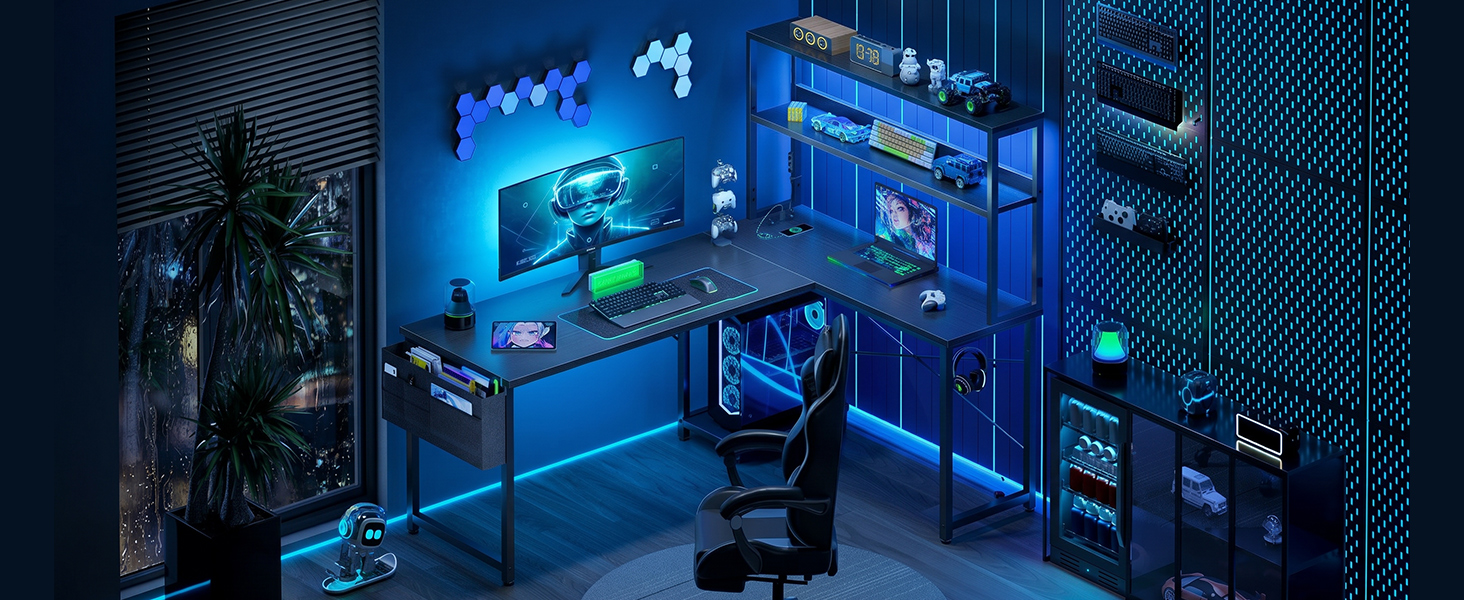 Ігровий кутовий стіл ODK Gaming з LED-підсвіткою, полицею-дисплеєм та розеткою, 135×100 см, чорний