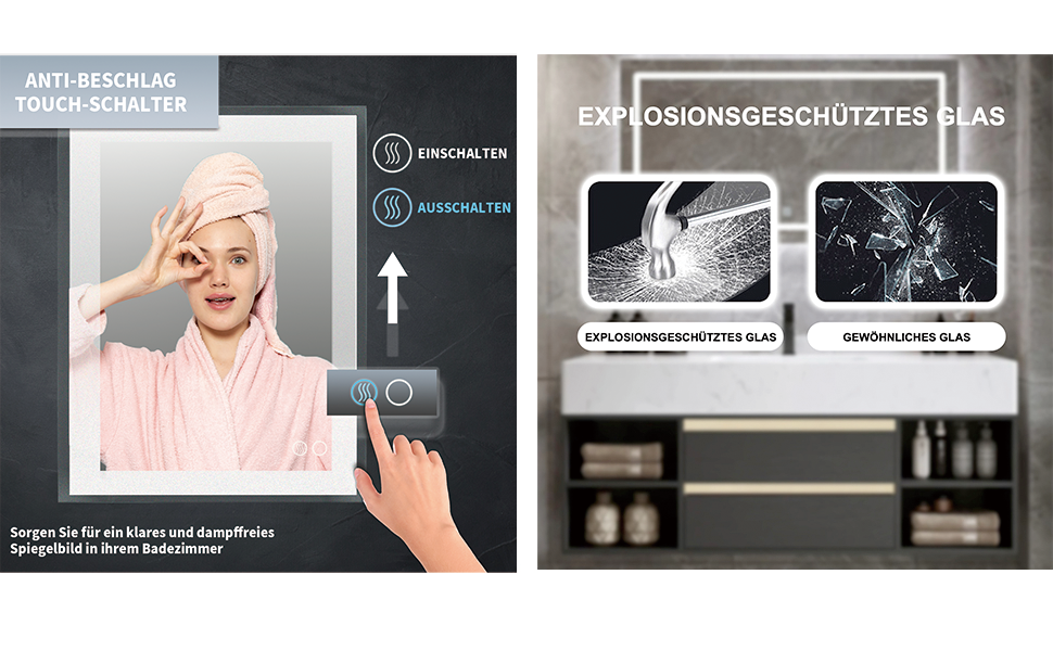 Дзеркало для ванної кімнати Puchika з підсвіткою LED, 50x70 см, регульоване, 3 колірні температури (3000-6400K), IP44, без запотівання, сенсорне керування