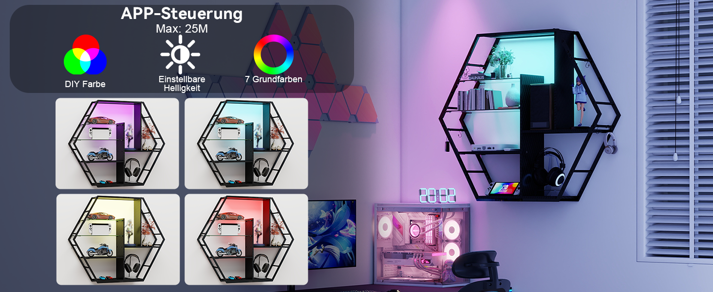 Підвісні полиці YU YUSING з RGB підсвічуванням 7 кольорів, геймерські полиці з 8 гачками, стелажі для демонстрації, настінні вітрини з 2 скляними полицями, підвісні шафи для спальні, кухні, бару, ігрової кімнати, декор, гексагон, карбонове покриття