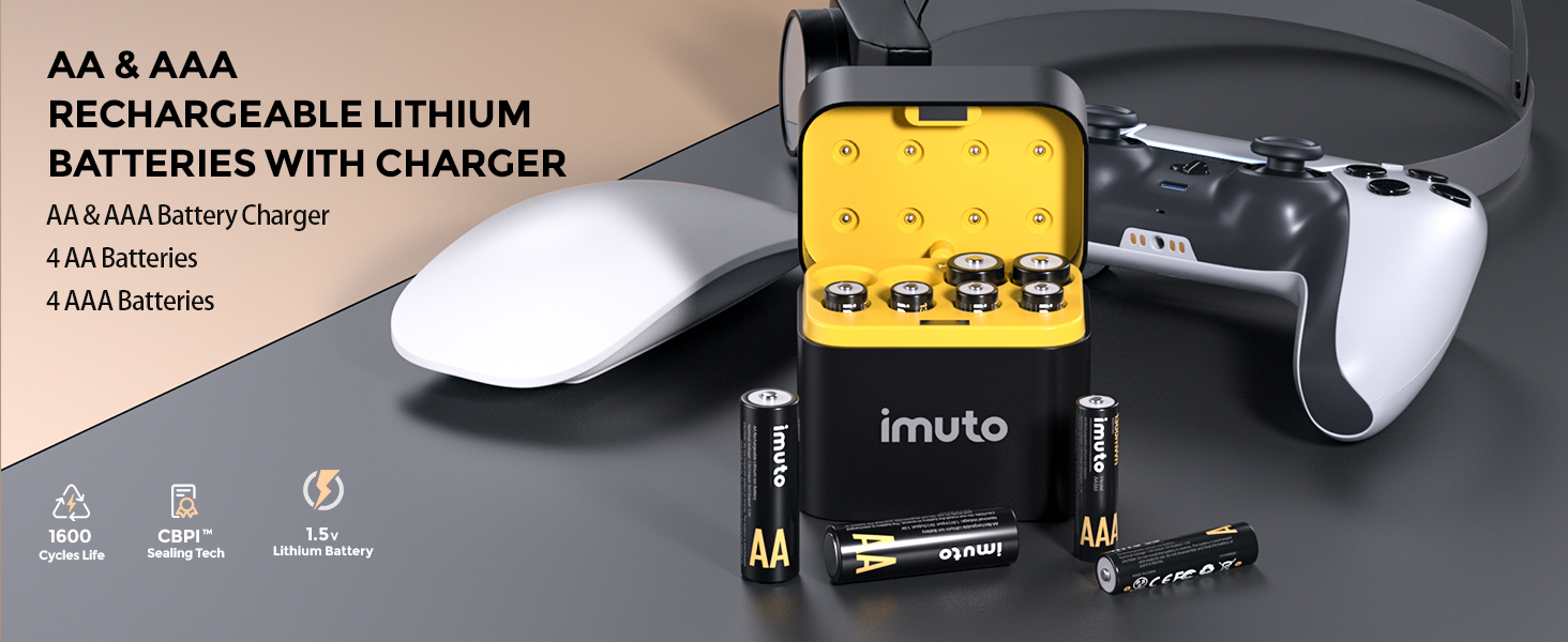 Набір акумуляторів imuto 1.5V Li-ion (4x AA 3000mWh + 4x AAA 1300mWh) зі смарт-зарядним кейсом, висока ємність, 1600 циклів зарядки