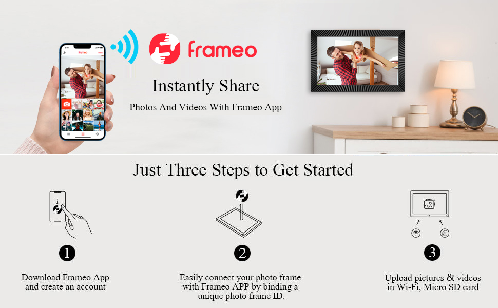 Цифровий фоторамка Frameo з Wi-Fi, 10.1 дюйма, 32GB, сенсорний екран, авто-обертання