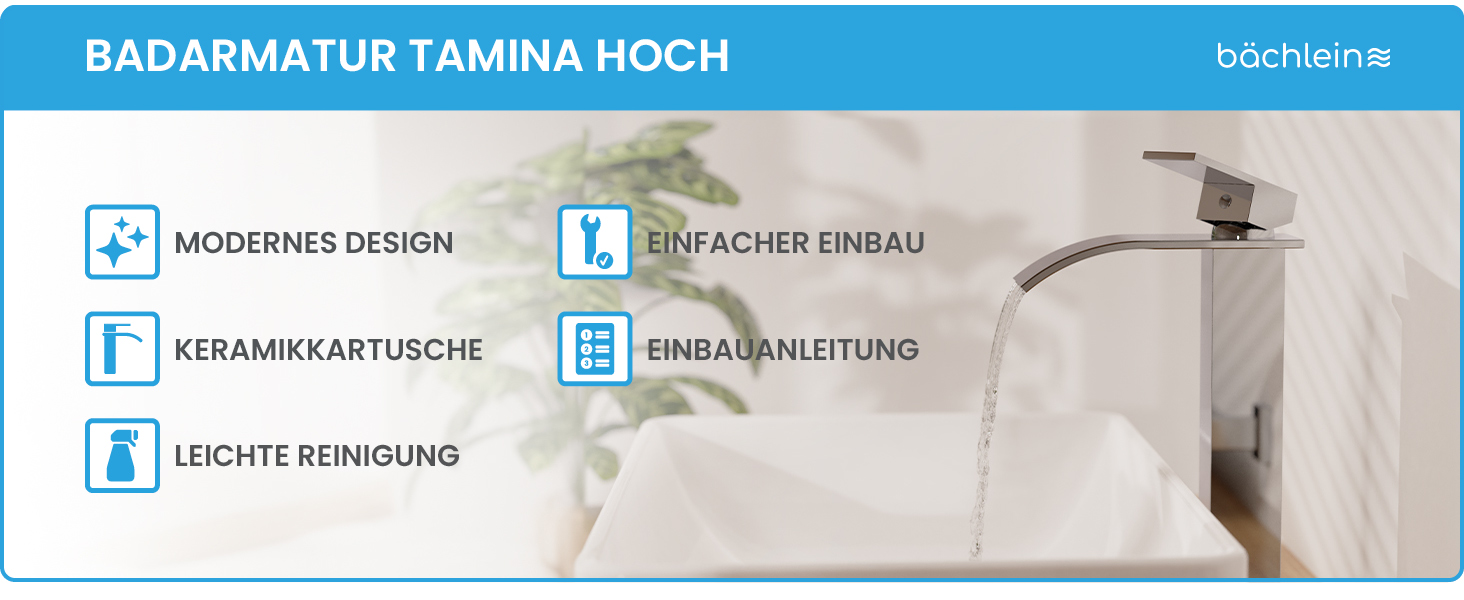Змішувач для ванної кімнати Bächlein Tamina з водоспадом, однорідний, з довговічною керамічною картридж, комплект для монтажу, хром (висока якість)