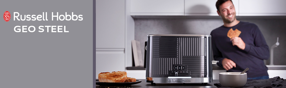 Тостер Russell Hobbs Geo Edelstahl Grau на 2 тости, нержавіюча сталь, 6 режимів, розморожування, підігрів, широкі слоти для хліба