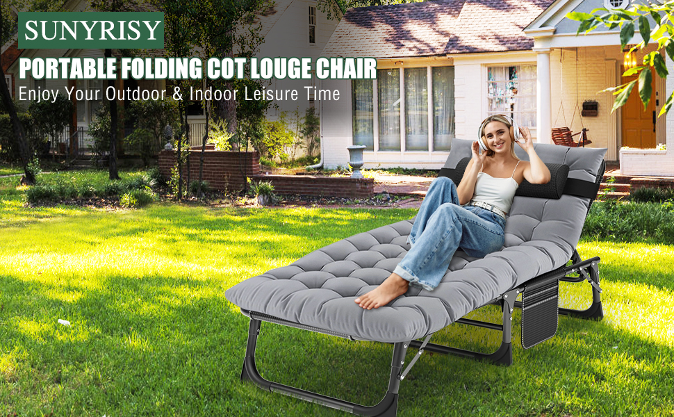 Розкладне шезлонг для саду SUNYRISY з регульованою спинкою, подушкою та підголівником, витримує до 200 кг, велике кемпінгове ліжко для дорослих, тераси, офісу та пляжу