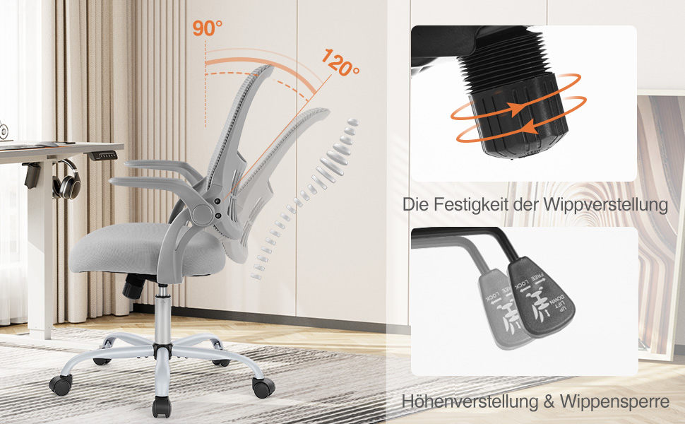 Офісний стіл Sweetcrispy з регульованими підлокітниками, ергономічний стілець для офісу, з підтримкою попереку, регульована висота, поворотний на 360°, з м'яким сидінням, чорний (сірий, регульовані підлокітники)