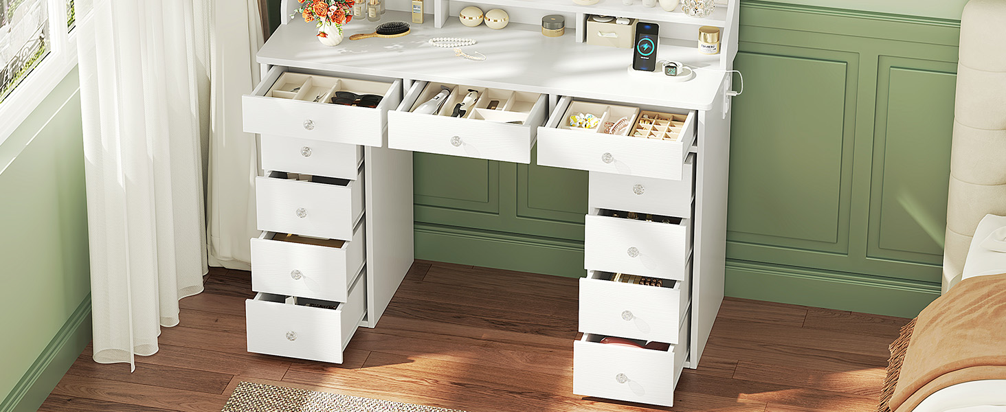 Діплекс туалетний столик з підсвіткою, 110 см, з 11 шухлядами та LED-дзеркалом, білий. Сучасний туалетний столик для спальні та гардеробної