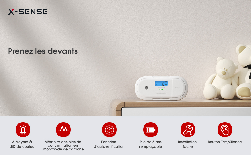 Розумний датчик чадного газу X-Sense XC04-WX з Wi-Fi, сповіщення через додаток X-Sense Home Security, зі змінною батареєю, білий