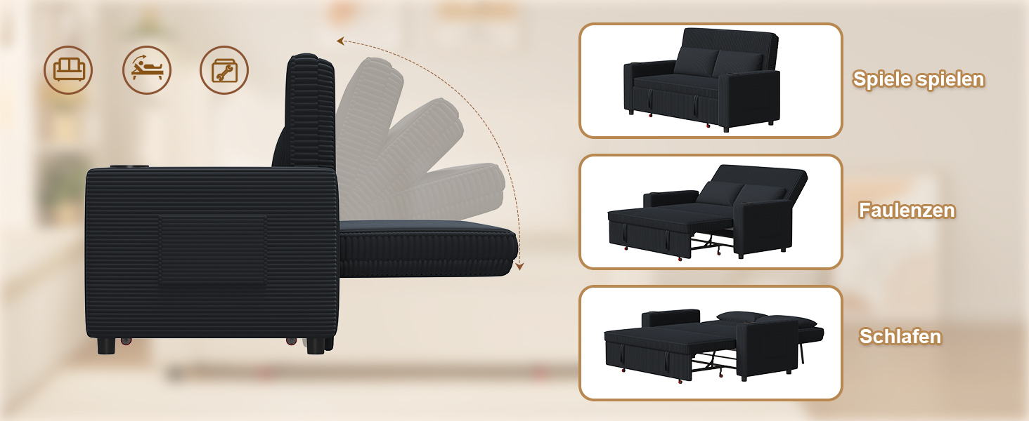 Диван-ліжко JUMMICO 2-місний розкладний з подушками, оббивка корд, чорно-синій, 75x160x93 см. Диван для вітальні та спальні з підсклянником