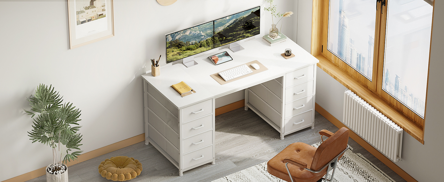 Письмовий стіл Coleshome білий 140x48 см з 8 тканинними шухлядами, комп'ютерний стіл для офісу, дому та робочого кабінету