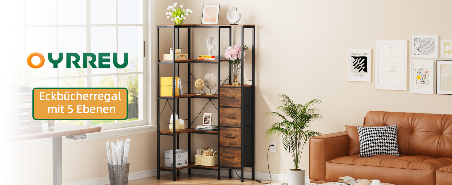 Кутовий стелаж OYRREU з 5 ярусами, LED-підсвічуванням та 4 висувними ящиками. Підходить для вітальні, спальні, офісу, кухні. Вінтажний коричневий колір.