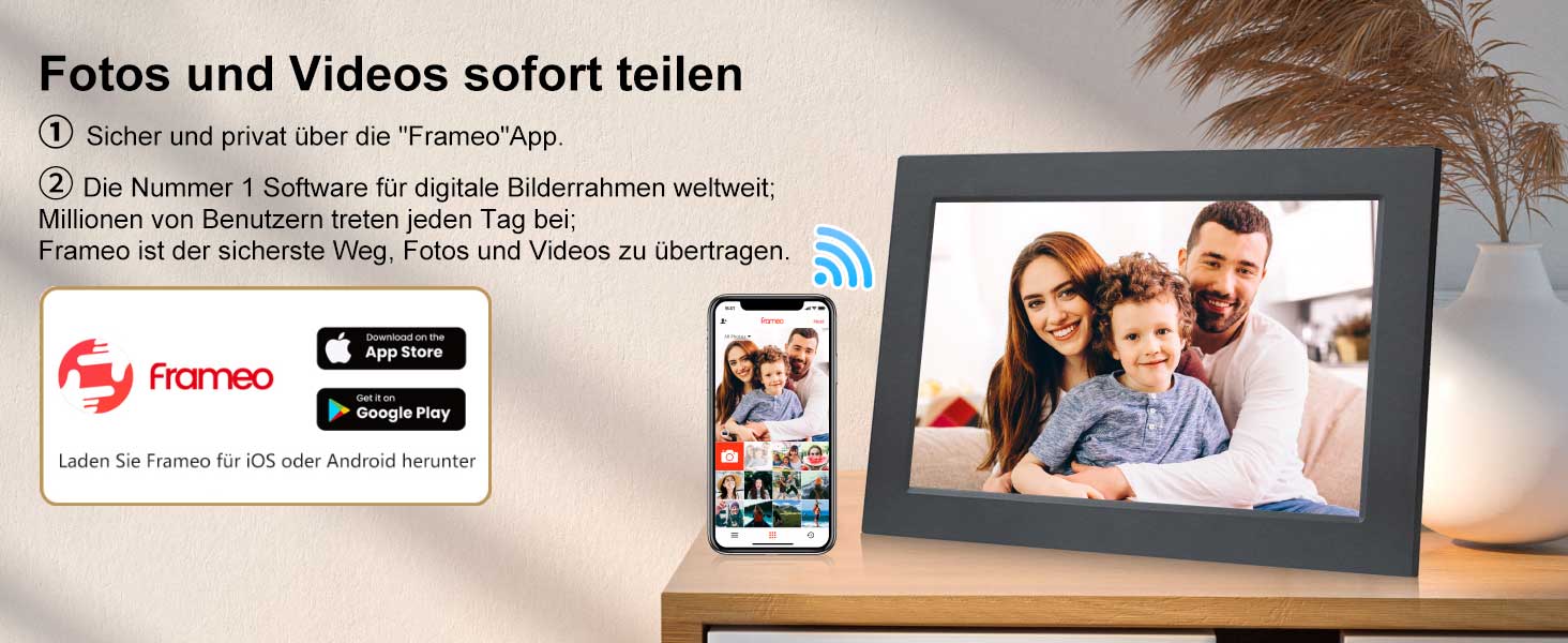 Frameo Цифровий фоторамка 10.1 дюйма з Wi-Fi, HD сенсорний екран, 16GB пам'яті, автоматичне обертання, віддалене завантаження фото та відео, чорний