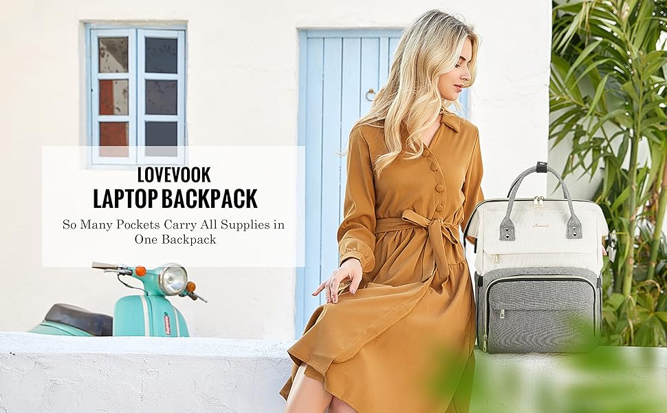 Рюкзак для ноутбука LOVEVOOK 17 дюймів, жіночий, великий, для підлітків, ручна поклажа, водонепроникний, дихаючі лямки, для навчання, школи та подорожей, бежево-сірий