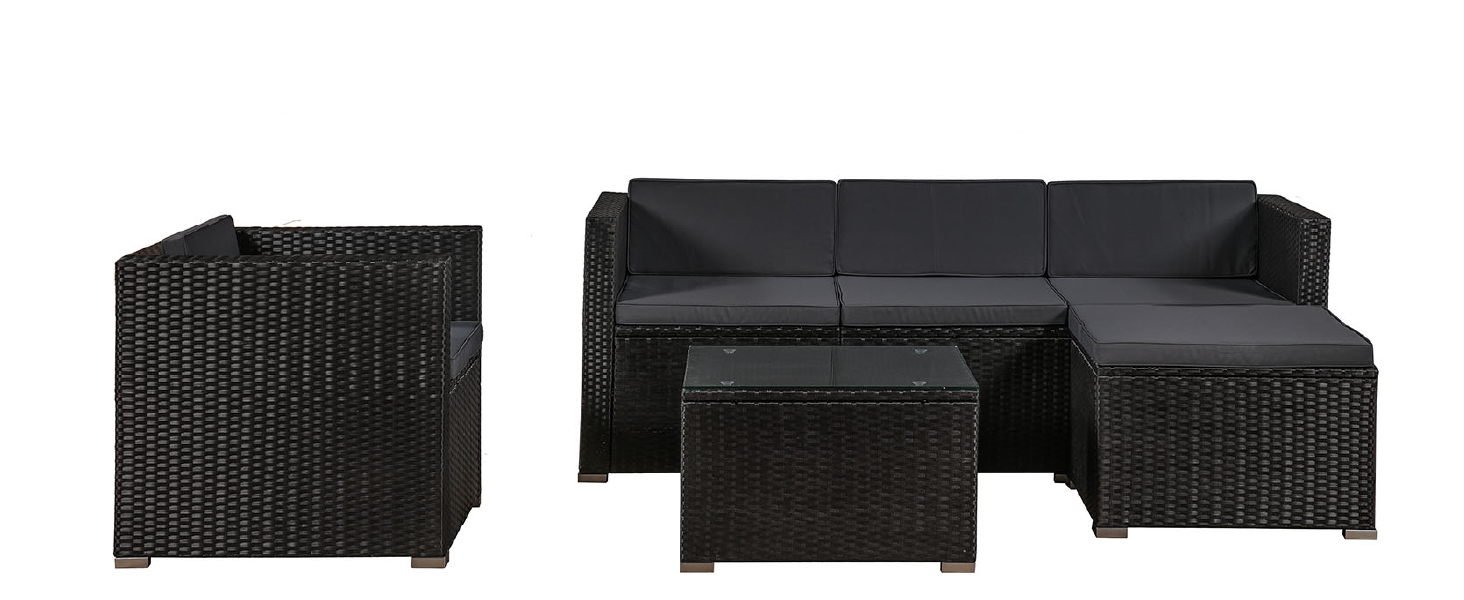 Садовий комплект меблів Juskys Polyrattan Punta Cana для 4-5 осіб: диван, крісло, пуф, стіл, подушки - чорний/сірий