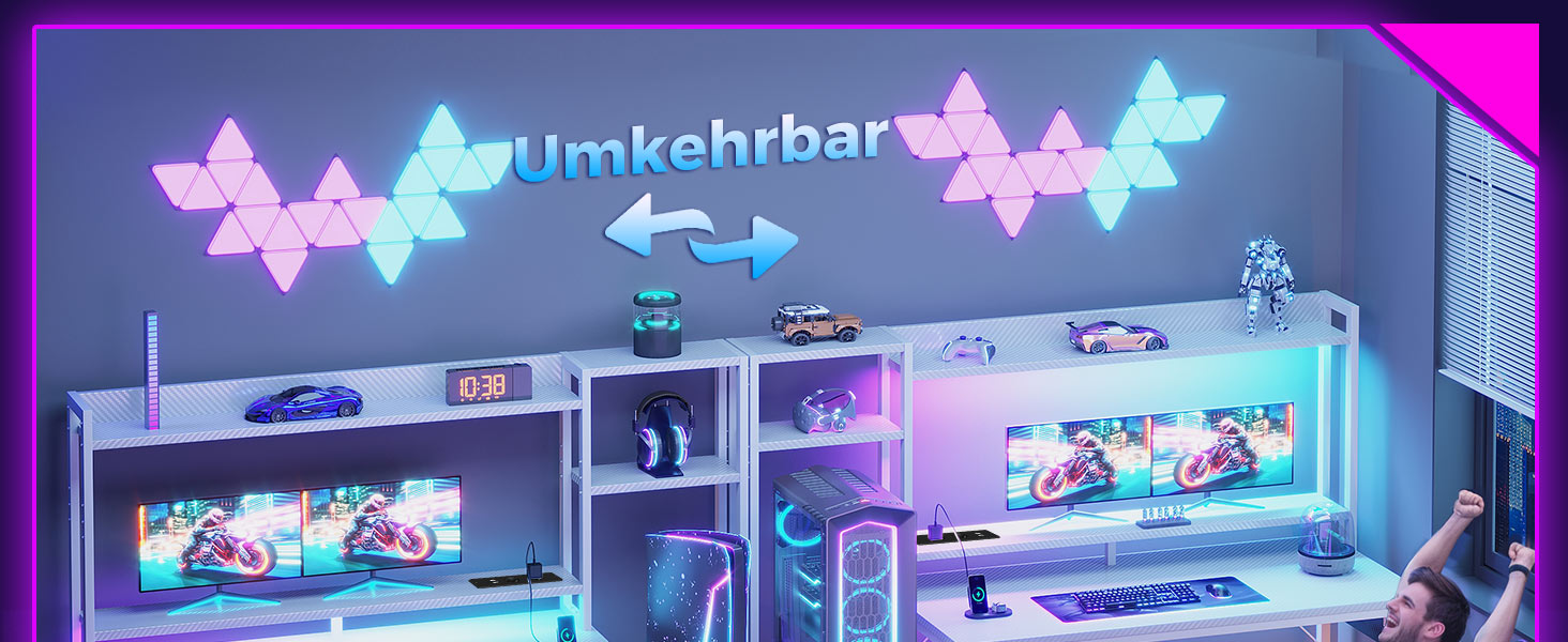 Ігровий стіл Coleshome з полицею та шухлядами, 137x48 см. Стіл для геймінгу з LED-підсвічуванням, розеткою, місцями для зберігання та підставкою для монітора. Колір: карбонове волокно.