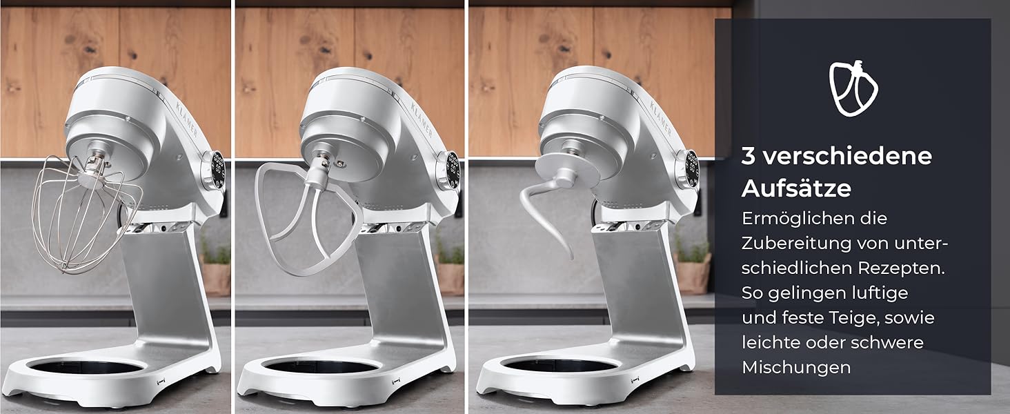 Кухонний комбайн KLAMER 1800W — планетарний міксер для тіста з чашею з нержавіючої сталі 6л, 10 швидкостей, таймером та набором насадок (гак, вінчик, міксер), сріблястий