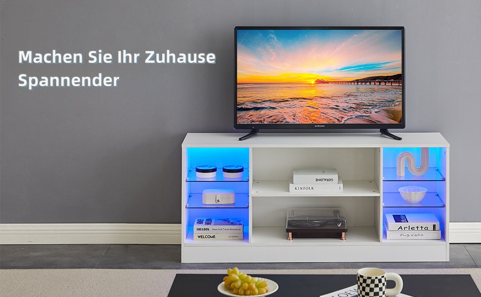 Тумба під телевізор CLIPOP Hochglanz Weiß з LED-підсвіткою, 130x34x57 см - ТВ тумба з скляною полицею для вітальні