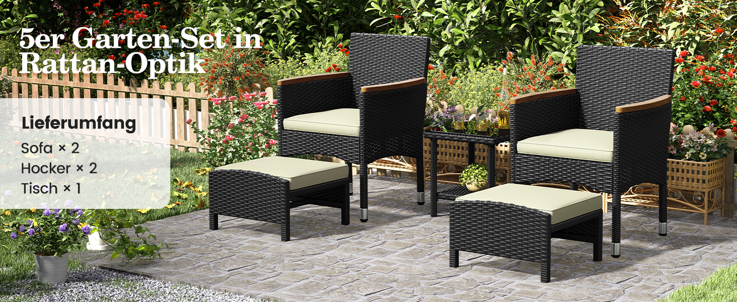 Набір садових меблів Yaheetech з ротангу для балкона та тераси: 2 крісла, 2 пуфи, столик - чорний та бежевий