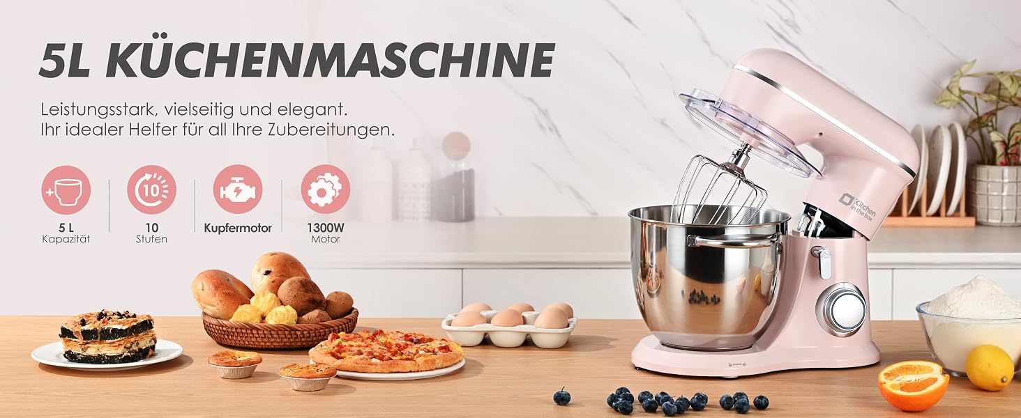 Кухонна машина Kitchen in the box Kompakte — планетарний міксер та тістоміс 3.5L/5L, 10 швидкостей, з вінчиком, гаком та міксером (Рожевий)