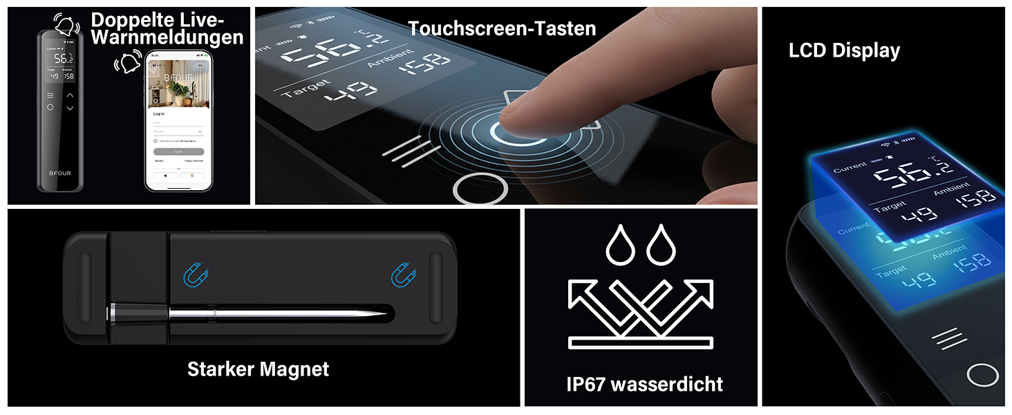 Термометр для гриля та м'яса з Wi-Fi та Bluetooth BFOUR: 6 датчиків, IP67, 2600mAh, керування через додаток