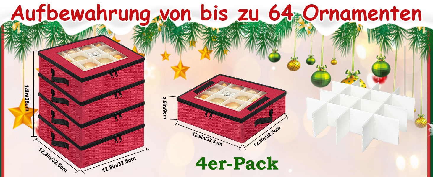 Коробка для зберігання новорічних прикрас з перегородками, 4 шт. Складана коробка для ялинкових іграшок, органайзер для куль, з ручками, червона