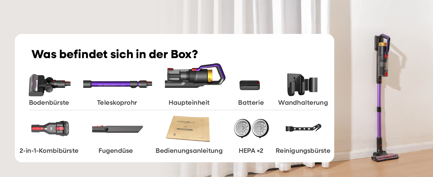 Бездротовий акумуляторний пилосос UNINELL HOME 48000Pa, 550W, 65 хвилин роботи, LED-дисплей, антизаплутувальна щітка, тиха робота, для килимів, твердих підлог та шерсті тварин (фіолетовий)