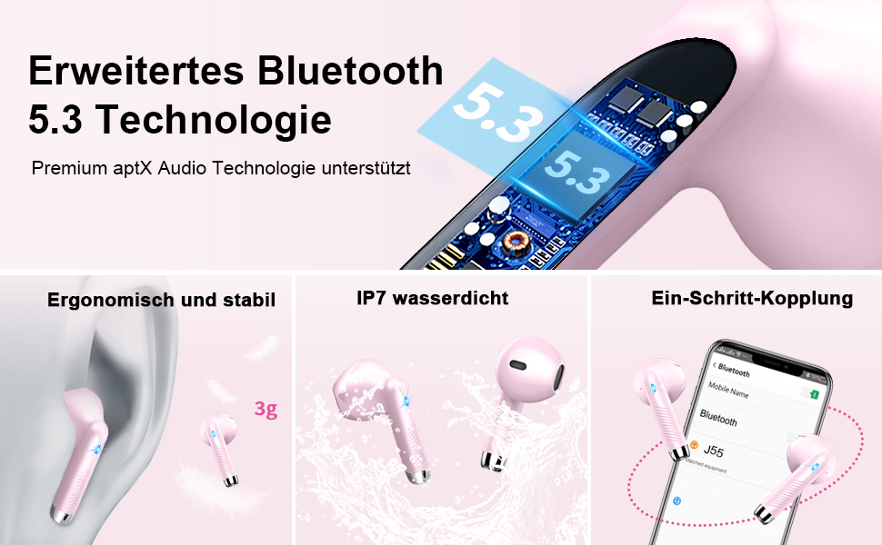 Навушники-вкладиші Bluetooth 5.3, 4 мікрофони HD, шумозаглушення 42Hs ENC, водонепроникність IP7, LED-дисплей, рожевий