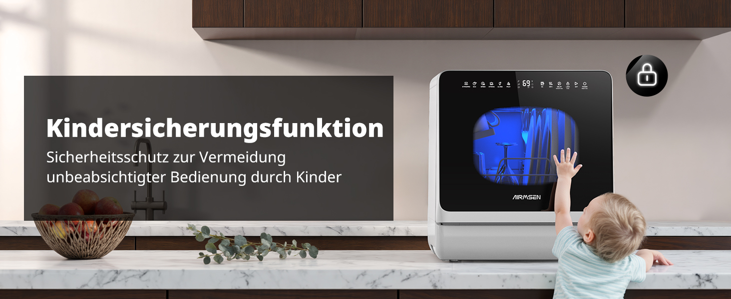 Mini посудомийна машина AIRMSEN з 8+3 програмами, 5л, система пом'якшення води, таймер, дитячий замок, білий/чорний