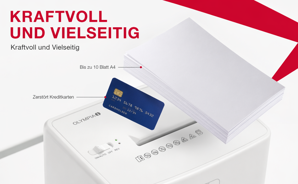 Шредер для паперу та кредитних карток Olympia CC 1010 S, знищення 10 аркушів, кошик 10 л, рівень секретності P4 (мікрорізка), білий