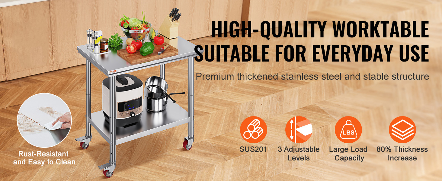 Нержавійна кухонна стільниця VEVOR 90x60x85 см з 4 роликами, регулювання висоти, 136 кг, для приготування їжі, сріблястого кольору