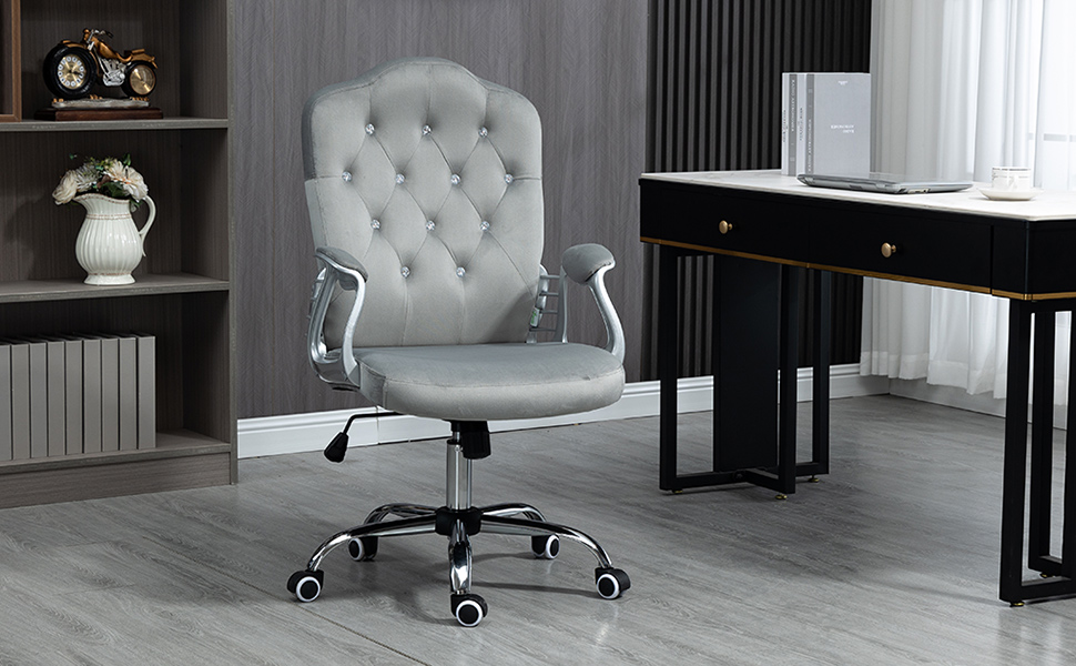 Крісло офісне Vinsetto з велюру, комп'ютерне крісло з кнопками та виразною спинкою, регульована висота та нахил, сірого кольору