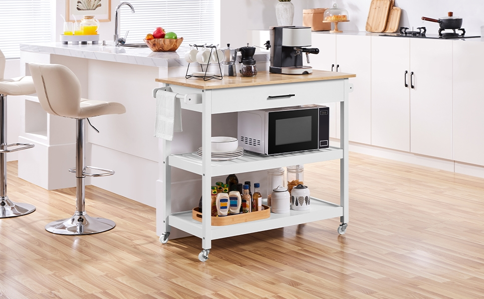 Сервісний візок Yaheetech з шухлядою, кухонний візок з 2 полицями, мобільний візок, кухонна вітрина, мобільний острівець, білий, 51 x 101,5 x 92 см