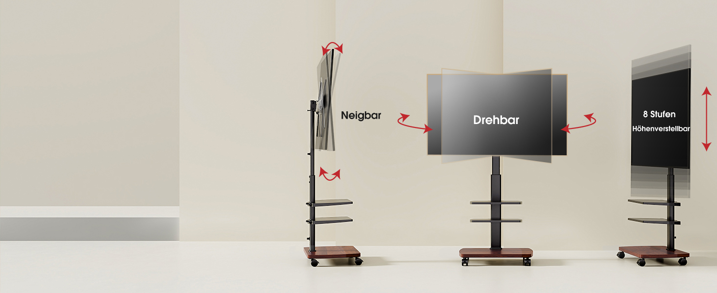 Підставка для телевізора мобільна з поличками Holzablage 32-65 дюйми, чорний/вінтажний коричневий, до 40 кг, VESA 400x400