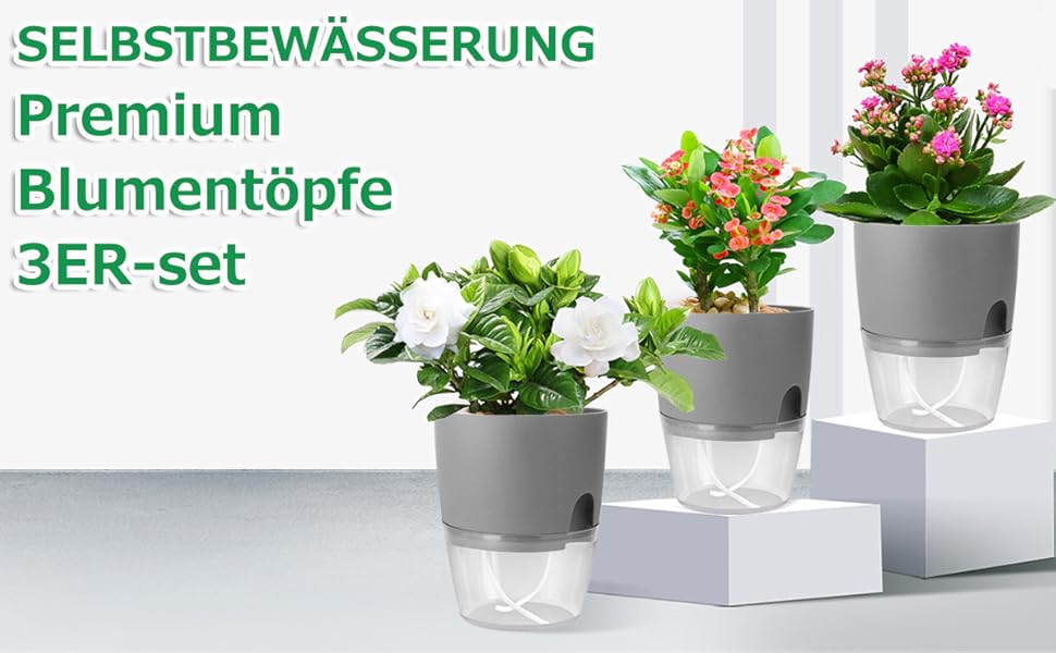 Набір горщиків для трав на кухню, самополив, 3 шт. (18.2x11x15.3 см), сірий