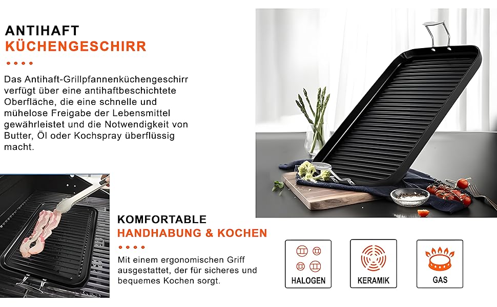 НутріШеф Гриль-плита 56 см – чавунна сковорода-гриль з антипригарним покриттям та жолобками для збору жиру, стійка до високих температур. Підходить для газового гриля, плити, BBQ та приготування їжі в приміщенні.