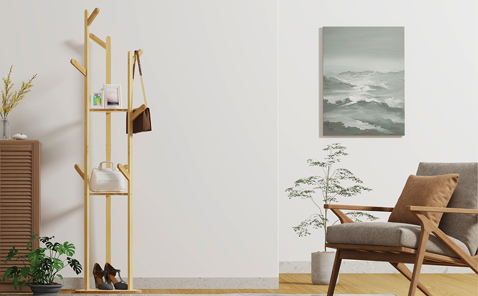 Стенд для одягу Unho з бамбука, 8 гачків, 3 полиці, для прихожей, офісу, спальні, кімнати очікування, для одягу, капелюхів, сумок