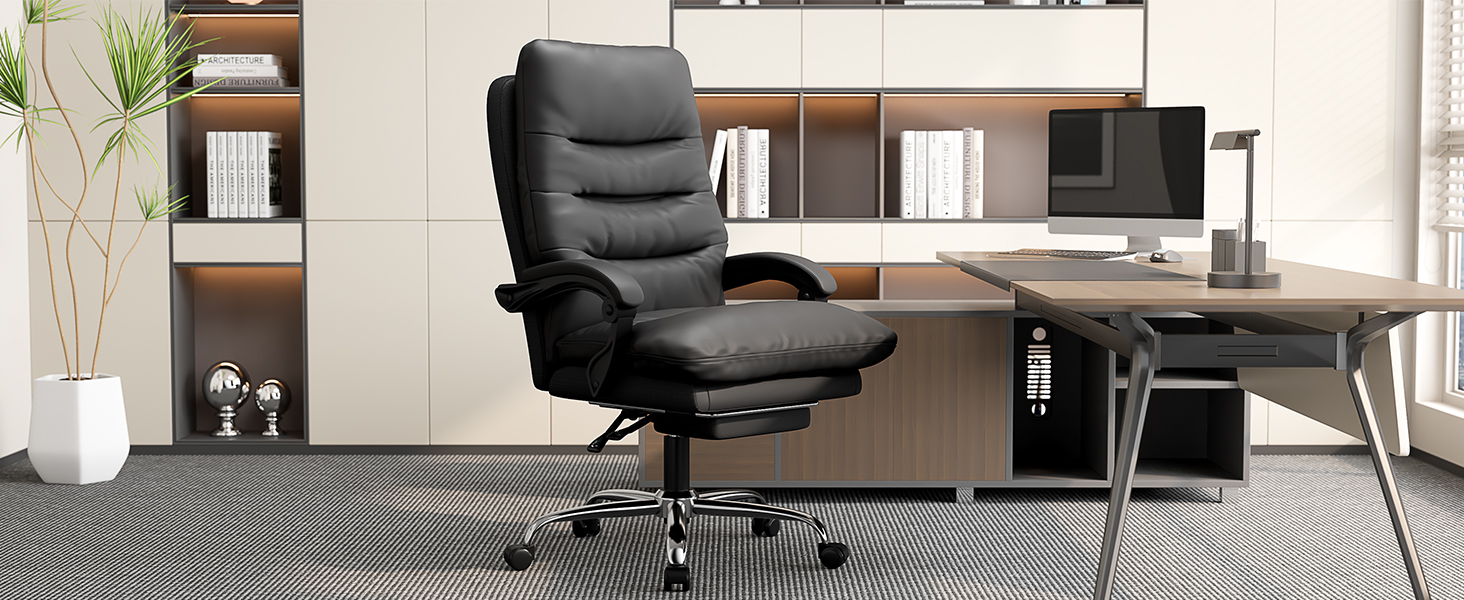 Ергономічне крісло для офісу Naspaluro з підніжкою, крісло для комп'ютера з двошаровою подушкою, високою спинкою, функцією відкидання, регулюванням висоти, з PU-шкіри, чорне, до 150 кг