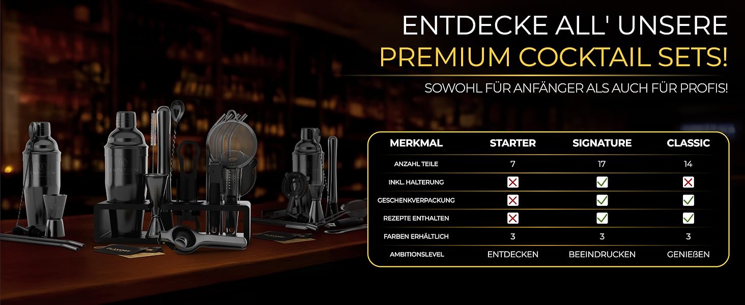 Набір для коктейлів Cobbler 700 мл з нержавіючої сталі, без розливання, професійний шейкер для коктейлів з підставкою та книгою рецептів, набір для барменів (стартовий набір, чорний)