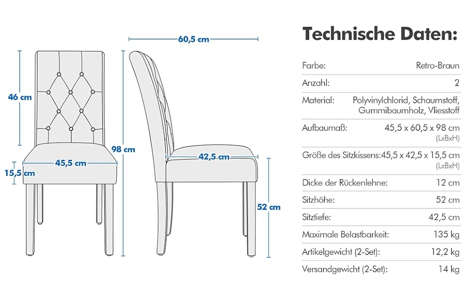 Комплект Yaheetech з 2 обідніх стільців, висока спинка, ніжки з масиву дерева, штучна шкіра (ретро коричневий)